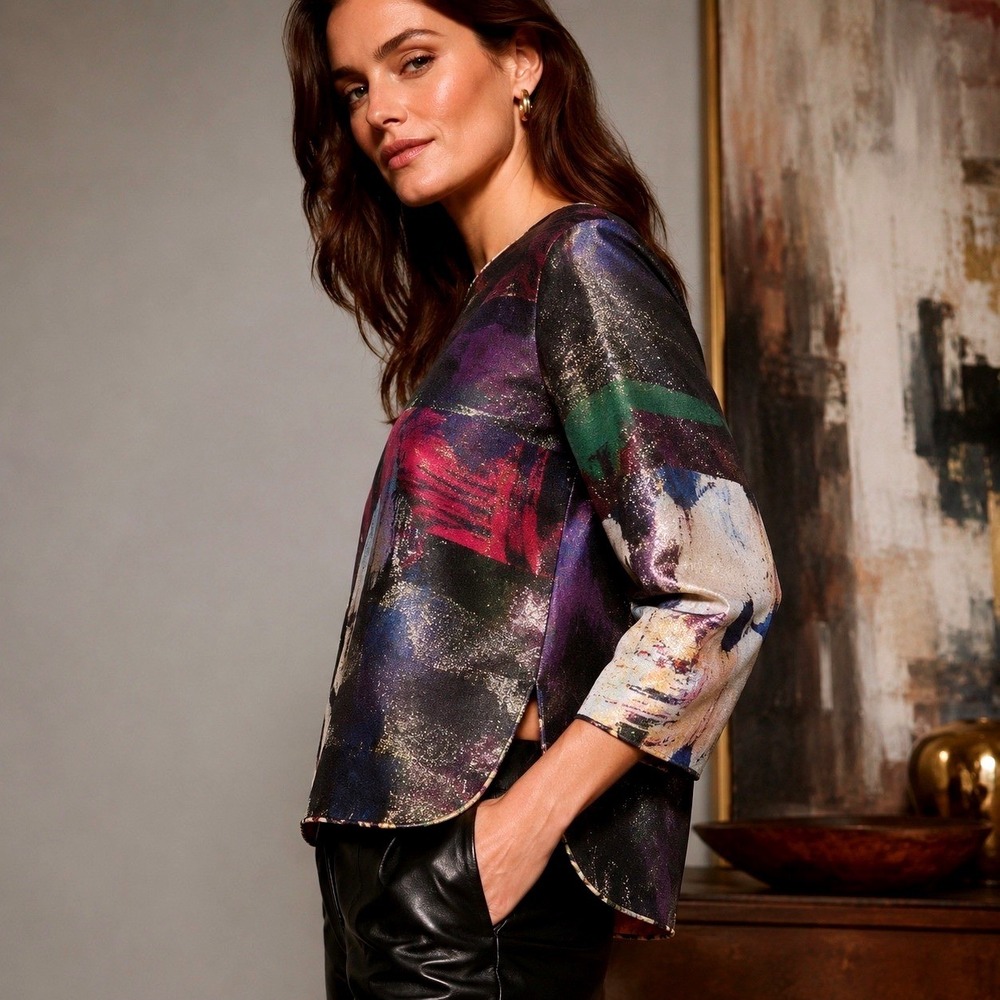 Vintage Weston Wearable Art Metallic Jacquard Blouse L Made USA Abstract Artwear